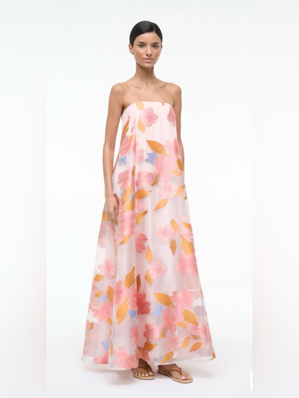 STAUD Pink Floral Strapless Maxi Dress with Gold Leaves